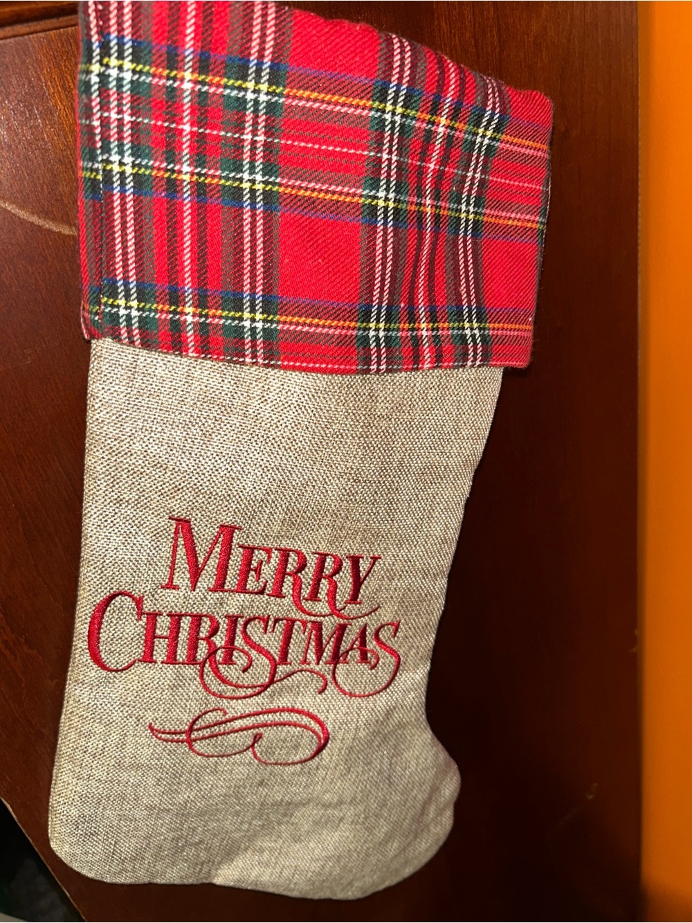 Holiday 'Merry Christmas' Tartan Cuff Stocking - Red Plaid & Natural